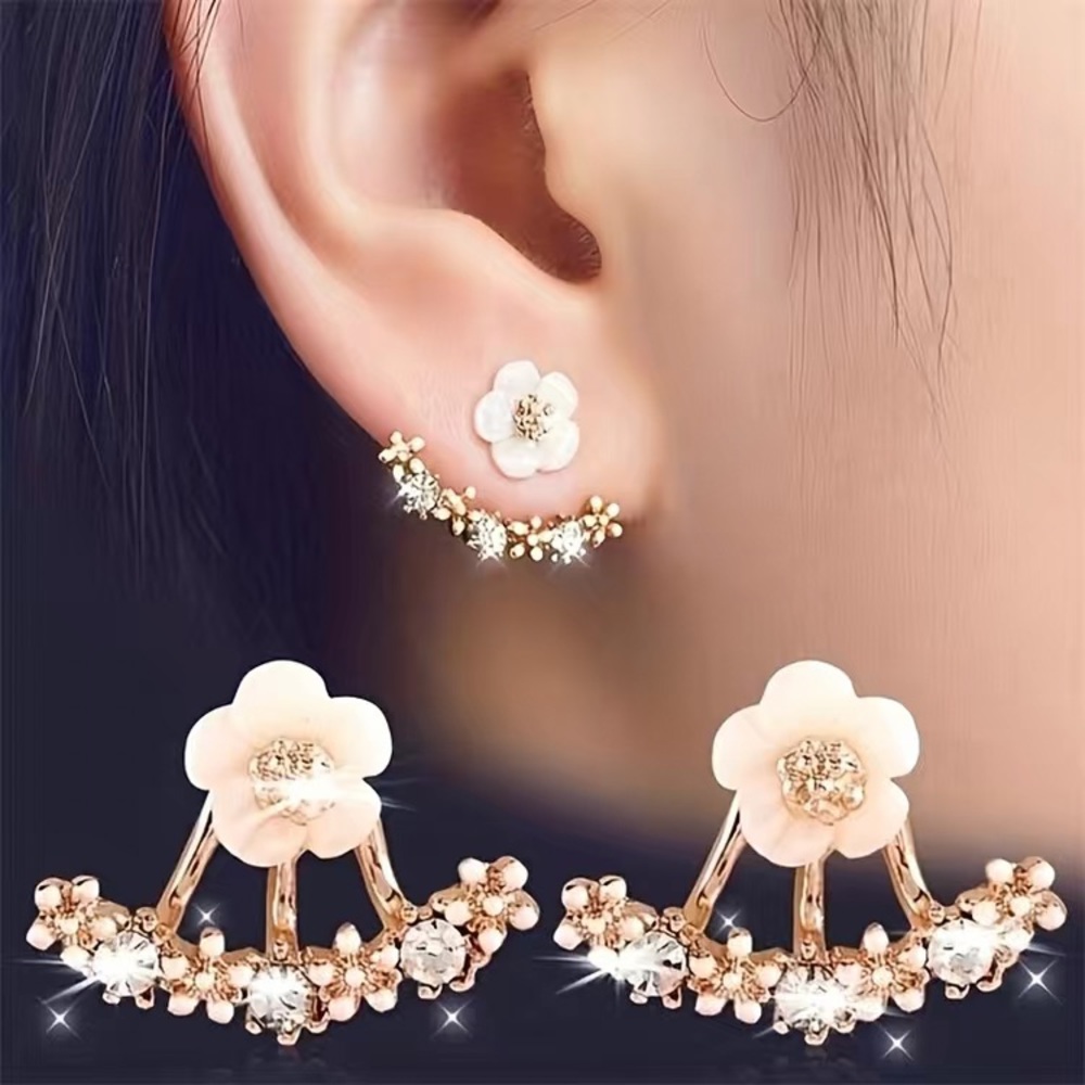 Pretty Rose Gold Toned White Flower & Diamond Cuff Stud Earrings